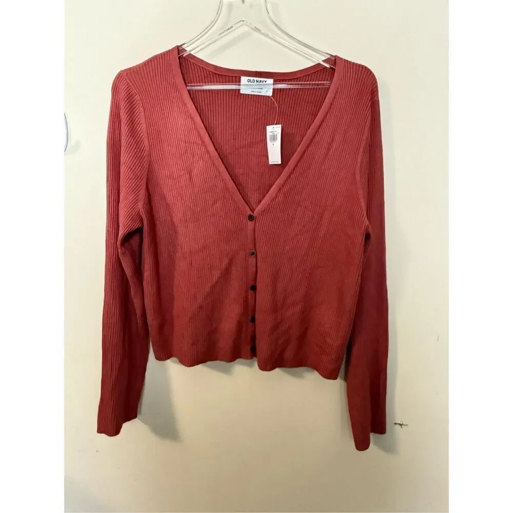 Old Navy V-Neck Rib-Knit Cropped Cardigan Sweater NWT XL Mineral Rouge Preppy Ac